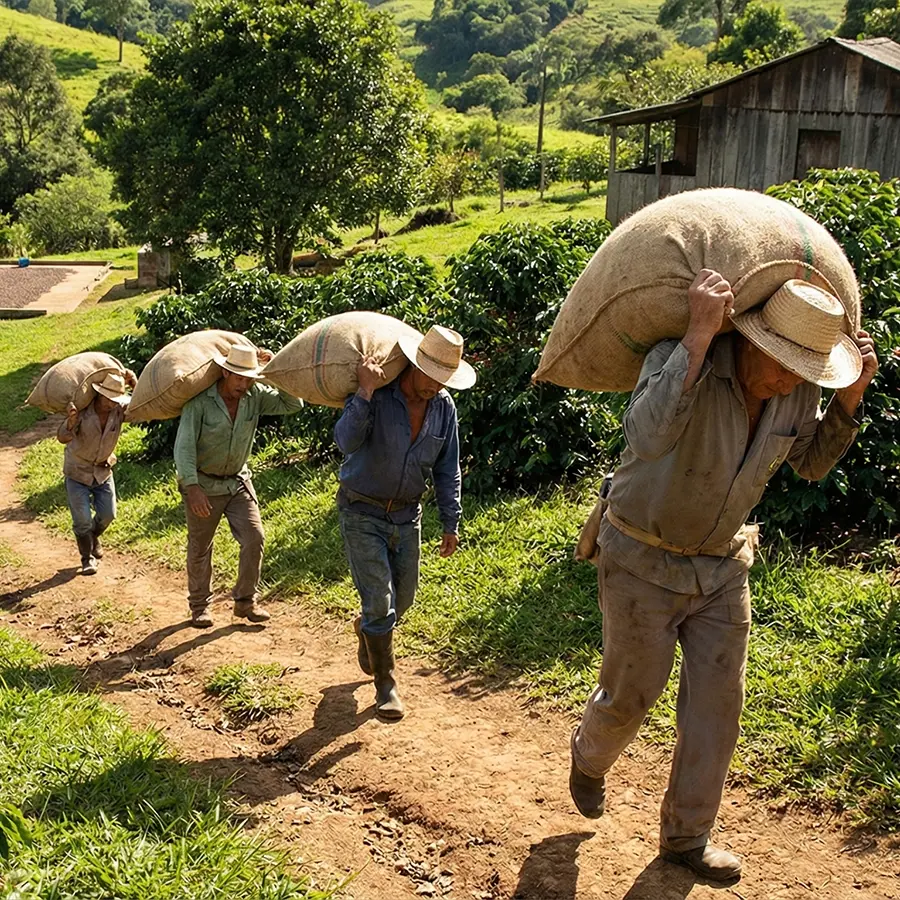 Cen carrying sacks of coffee