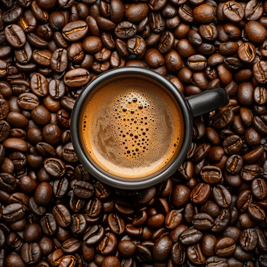 Top view of a coffee cup with coffee beans around